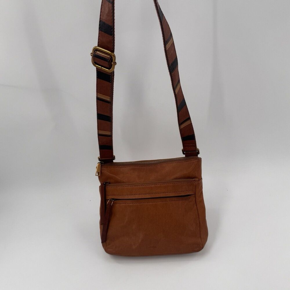 VTG Fossil Corey Leather Crossbody Bag Multi Brown Zip Adjustable Strap Zip Gold